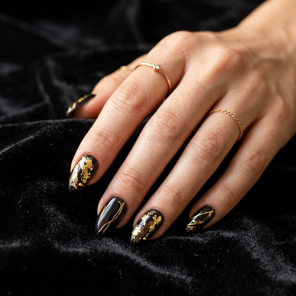 Luxury dark nail art with gold foil accents